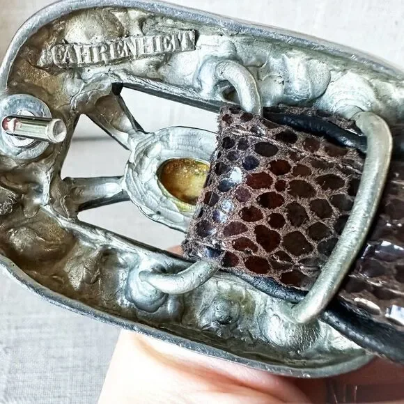 Vintage Fahrenheit Brown Black Leather Belt Large Jewel Buckle Rich Auntie M - Picture 10 of 11
